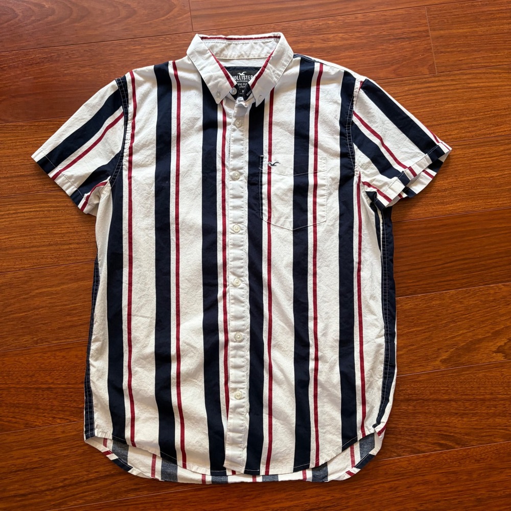 Hollister Mens Shirt Size M White Navy Red Striped Epic Flex Short Sle Button Up